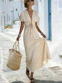 Breezaya V-Neck Bowknot Shoulder Long Dress For Women - Apricot - View 4