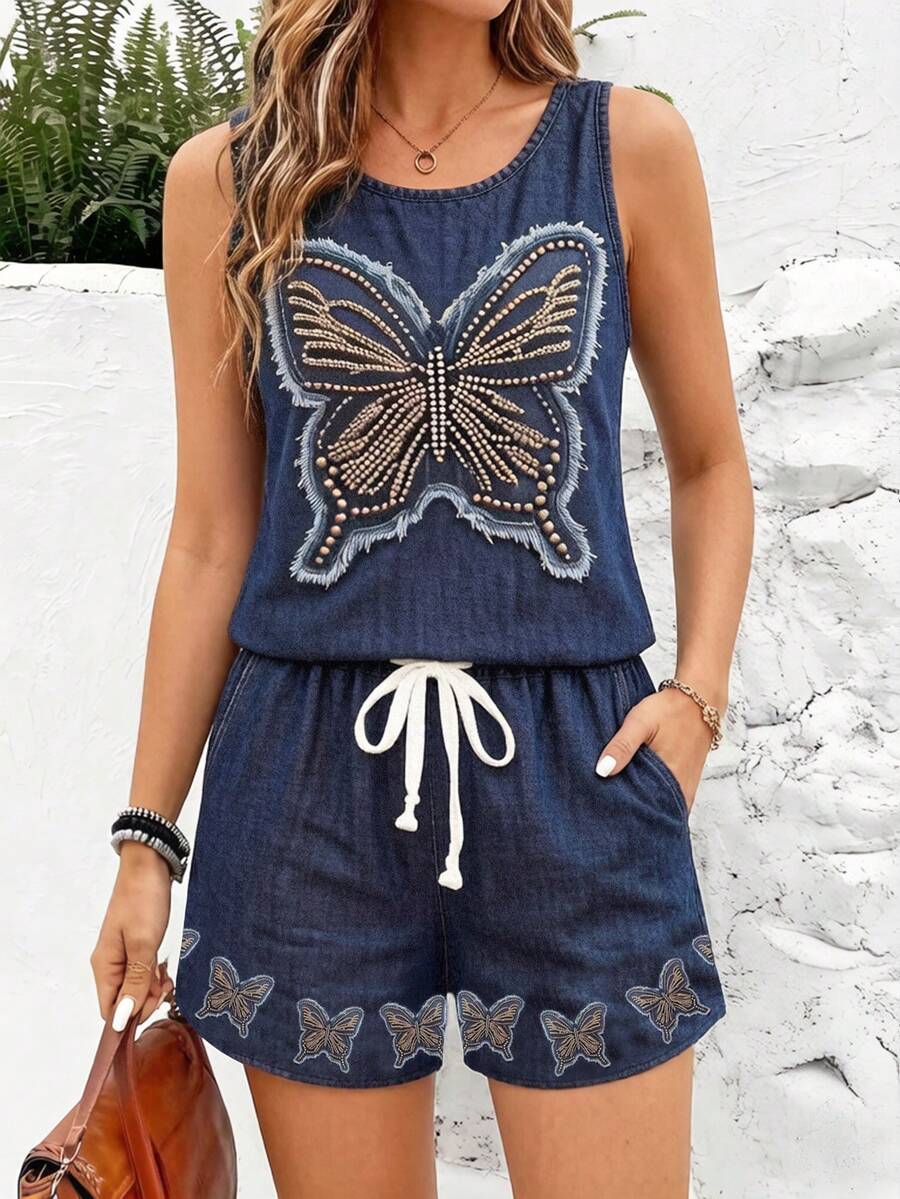 Retro Denim Butterfly Rivet Patch Full Print Round Neck Casual Sleeveless Top & Tank 2 Pieces Set, Suitable For Spring/Summer - Multicolor - View 1