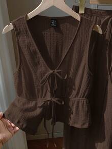 SHEIN EZwear 大码女式纯色系带背心和裤子休闲两件套 - 巧克力棕 - 查看 6