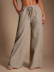 Radiana 女士舒适休闲简约低腰抽绳棕色复古条纹阔腿裤，家居服 - 棕色 - 查看 7