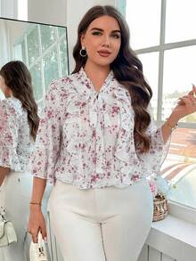 SHEIN Clasi 大码女式花卉拼接荷叶边系领优雅衬衫 - 彩色 - 查看 2