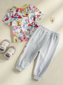 SpongeBob SquarePants | SHEIN 男婴休闲圆领短袖T恤和裤子套装 - 彩色 - 查看 2