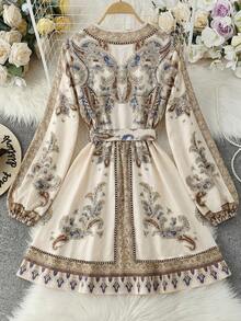 Franclia Vestido de línea A abotonado y estampado de longitud media para mujer, vestido romántico para citas, vacaciones, playa, verano, primavera, fiestas, atuendo de invitada - Multicolor - Ver 2