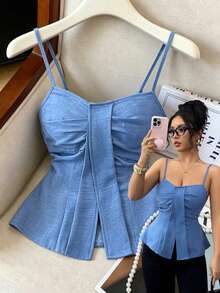 Elenzga Áo tank top nữ mùa xuân mới, phong cách thường ngày, thời trang cổ điển Mỹ, chất liệu vải lanh màu xanh nhạt, thiết kế xếp ly, xẻ tà, thắt eo, dáng chữ A, thích hợp mặc hàng ngày hoặc đi nghỉ mát. Đa năng, độc đáo và đẹp mắt. - Màu xanh bụi bặm - Xem 1