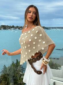 Aloruh Women's White Polka Dot Summer Boho Tropical Vacation Sequin Decorated Cover-Up,Knit Sparkly Asymmetrical Off The Shoulder Tube Top,Beach Festival Top - Apricot - View 5
