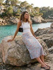 lacRébo 蓝色和粉色花卉印花缎面中长裙，松紧腰带配蝴蝶结装饰，春夏法式巴黎风度假装扮，外出办公穿搭，飘逸花朵缎面裙 - 藍色 - 查看 6