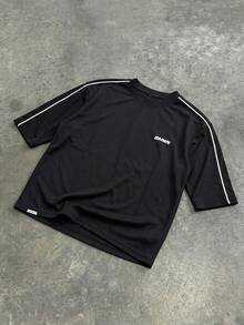 SUMWON Kaos Lengan Pendek Longgar Model Boxy dengan Cetakan Pernyataan Berani di Bagian Belakang, Kerah Bulat Kasual, Pakaian Jalanan, Atasan Fashion Musim Panas - Hitam - View 1
