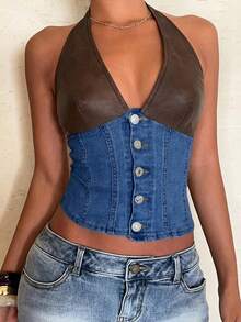 Aloruh Women's Summer Fashion Contrast Color Patchwork Backless Halter Denim Blouse Going Out Tops Women
Crop Tops - Medium Wash - View 5