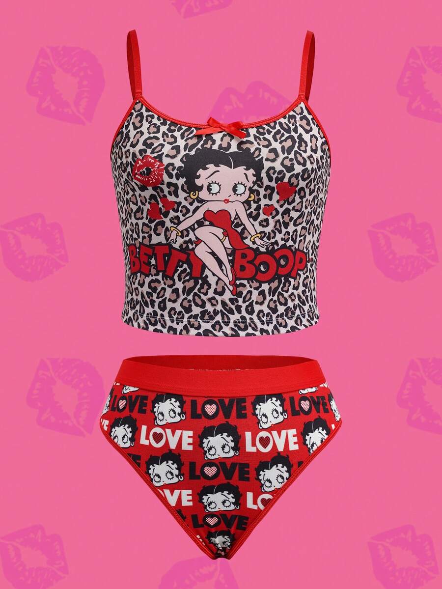 Betty Boop x SHEIN Conjunto de lencería para mujer - Rojo - Ver 1