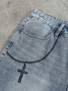 AXEPEAK 男士标语和自由女神像印花口袋休闲牛仔短裤 - 藍色 - 查看 4