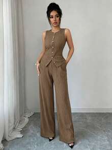 Elenzga Tall 女士休闲条纹纽扣装饰无袖修身露脐上衣和直筒裤两件套 - 棕色 - 查看 4