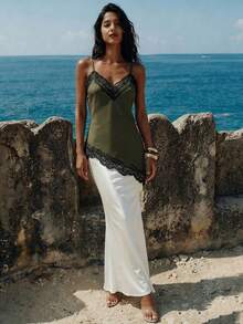 Nevyona Asymmetriskt linne i spetsmönster för kvinnor, sexigt och ärmlöst, vår/sommar - Armé Grön - Visa 4