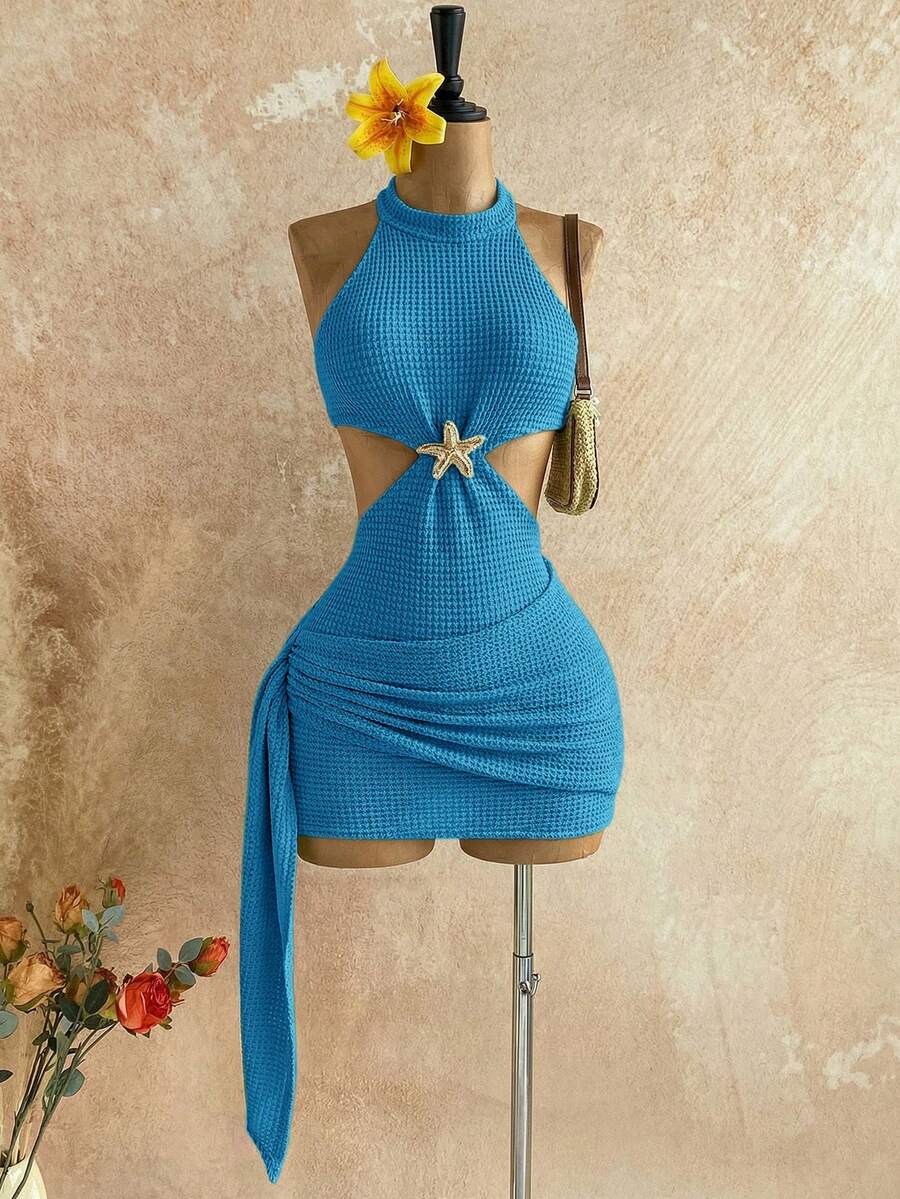Soleia New Vacation Halter Waist Hollow Out Fitted Mini Dress, Bohemian, Boho, Vacation, Fall Women Clothes, Vintage, Holiday,Summer Dresses For Women - Navy Blue - View 1