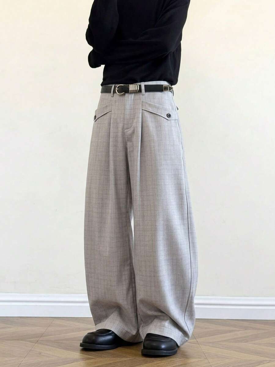 SWAVVY Men's Casual Plaid Wide-Leg Pants, Spring/Summer - Grey - View 1