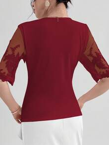 Modelyn Ladies' Asymmetric Neckline Contrast Mesh Summer T-Shirt Graphic Tees Women Tops - Burgundy - View 7