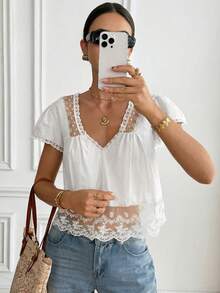 Serisse Women's Contrast Lace Short Sleeve Loose Blouse,Summer Top - White - View 8