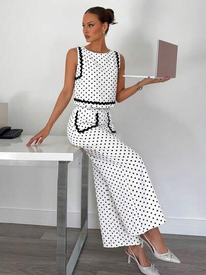 Siren Gaze 2pcs/Set Women Summer White Polka Outfit, Contrast Trim Polka Blouse & Polka Dots Casual Pants Set, Suitable For Daily, Office, Commuter Wear Work Outfits For Women Office Outfits For Women Elegant Outfits For Women Classy Outfits For Women Two Pieces Set, Vacation, Festival, Beach Resort Business Casual Woman, Women's Casual Round Neck Sleeveless Crop Top And Straight Leg Pants Set With Color Blocking Tape And Pockets, Summer, Summer Sets Holiday