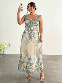 Firerie 大码优雅印花荷叶边连衣裙，夏季女装连衣裙，春夏优雅度假连衣裙，婚礼宾客礼服，毕业典礼礼服，节日服装，印花连衣裙 - 彩色 - 查看 3