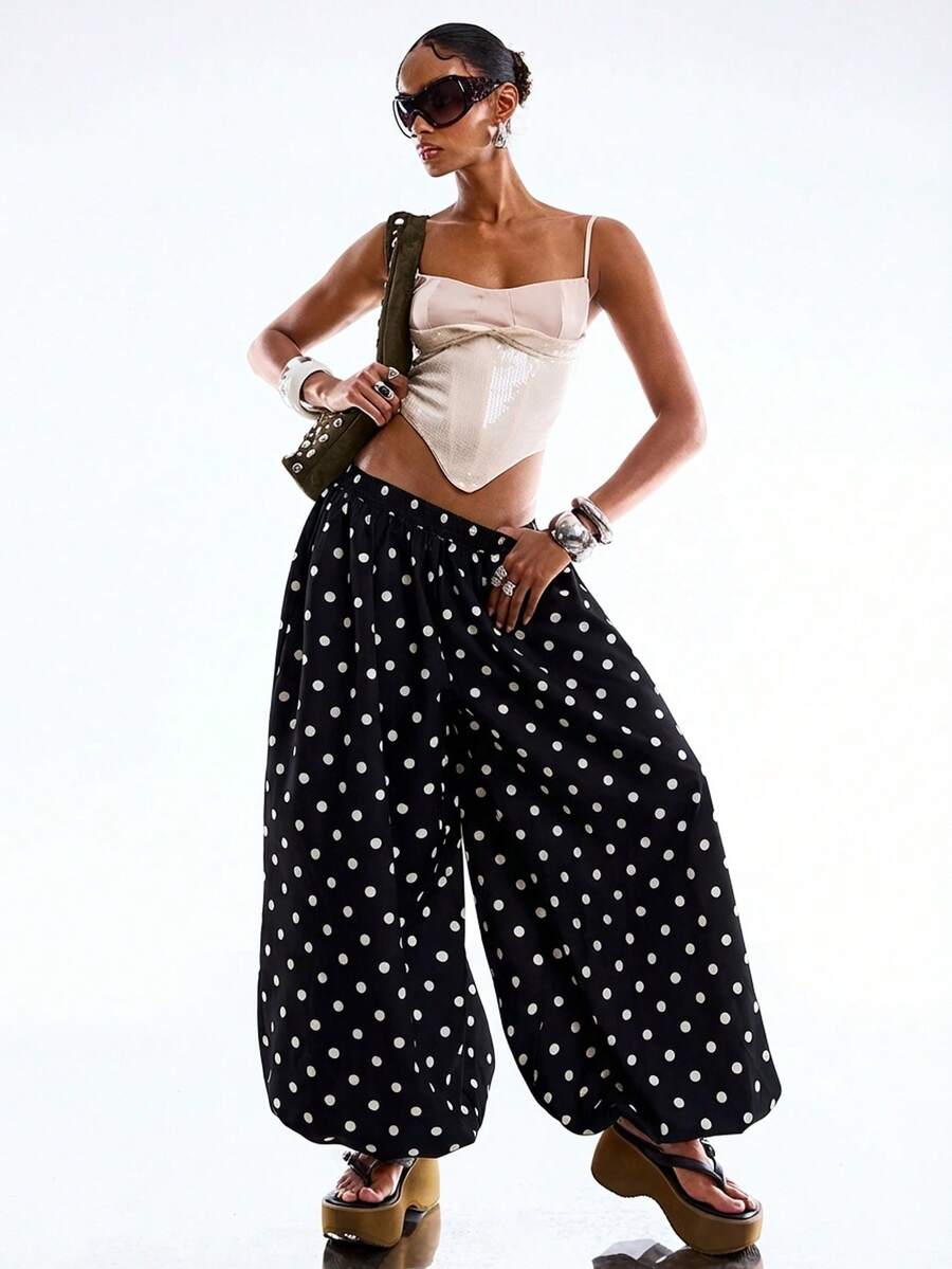 LYSMO Quần Harem ống rộng họa tiết chấm bi đen dành cho nữ - màu đen - Xem 1
