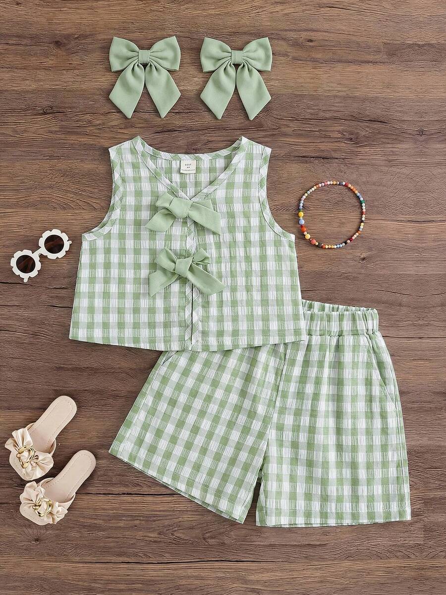 Emery Rose Kids Emery Rose Kids 两件套女童条纹圆领上衣和短裤套装 - 綠色 - 查看 1