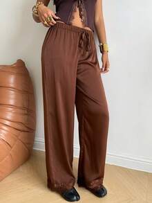 SHEIN EZwear Quần ống rộng màu nâu dệt kim dành cho nữ - Cà phê nâu - Xem 6