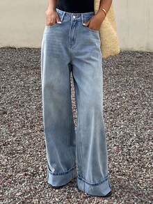 Livesso 女士休闲时尚街头风日常通勤宽松阔腿牛仔裤 - 藍色 - 查看 3