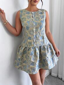 Elenzga Đầm nữ cỡ lớn thanh lịch cổ tròn viền bèo nhún chất liệu jacquard, thích hợp mặc hàng ngày, công sở và dạo phố, mùa xuân/hè. - Màu xanh lam - Xem 4