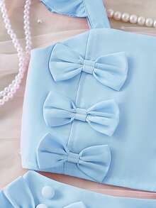 Elladie kids Bộ đồ bé gái (cỡ nhỏ) gồm áo croptop không tay viền hoa màu hồng và chân váy xếp ly thắt nơ, trang phục mùa hè ngọt ngào và dễ thương dành cho các bé gái thanh lịch. - Màu xanh lam - Xem 8