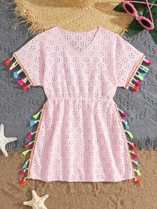 Cubrecuerpo de ganchillo con encaje para niñas, vestido colorido con flecos a la moda y lindo, adecuado para verano, playa, vacaciones - Rosa - Ver 7