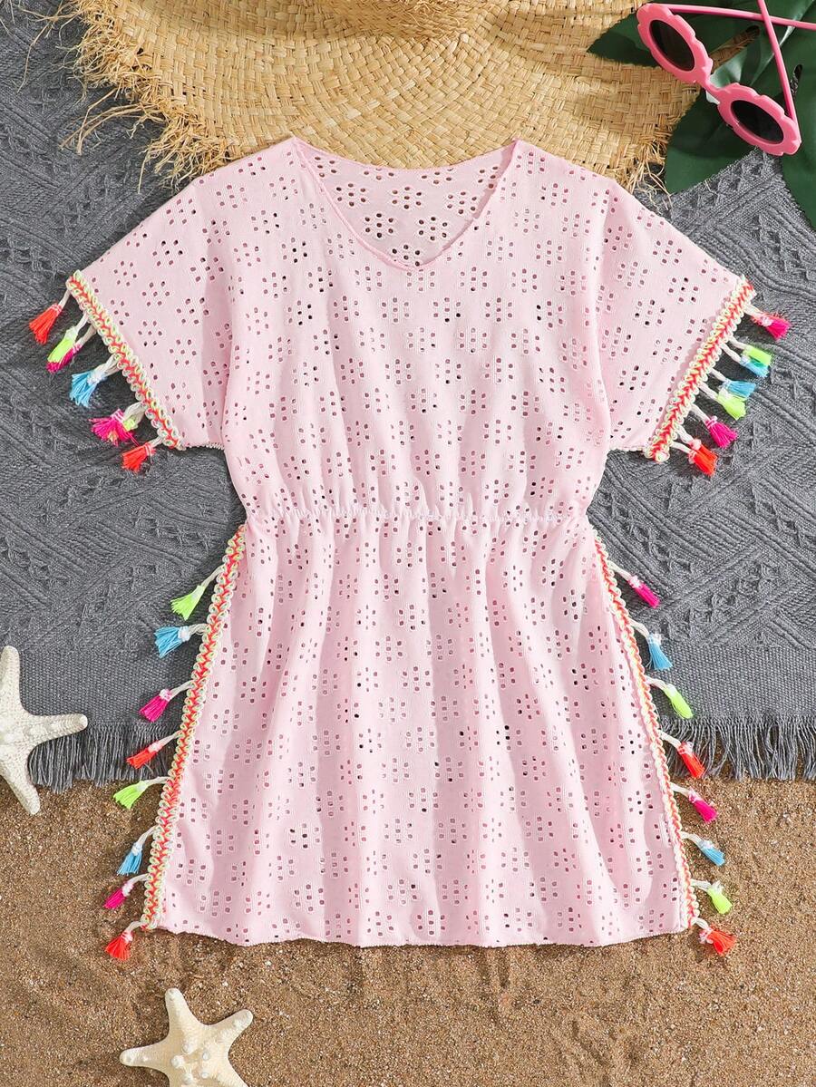 Young Girls Crochet Lace Cover Up,  Boho Girls Dress Summer Fall Outfits Loose Fit Cap Sleeve Crochet Dress For Tweens - Pink - View 1