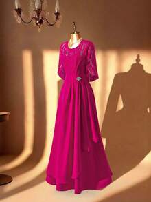 Ellevyn Women's Elegant Long Contrast Lace Dress With Cape Design - Hot Pink - View 9