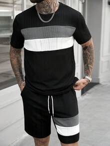 Manfinity CasualCool 男士休闲撞色圆领短袖T恤短裤套装，夏季 - 彩色 - 查看 3