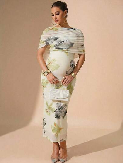 MaterniChic Floral Print Ruched Fitted Elegant Maternity Dress Summer Outfits Wedding Dress For Pregnant Women Baby Shower Dresses For Woman Formal Dress  Luxury Evening And Occasion Dresses