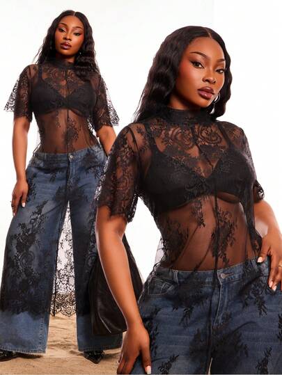 Radiana Plus Size Lace Sheer Sexy Short Sleeve Long Top, Summer