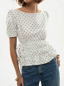 Poéselle Polka Dot Print Round Neck Short Sleeve Cinched Waist Top,Summer Top - White - View 4
