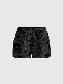 ROMWE Plus Size Women Gothic Skull Hand Floral Plant Thorn Rose Loose Black Shorts - Black - View 1