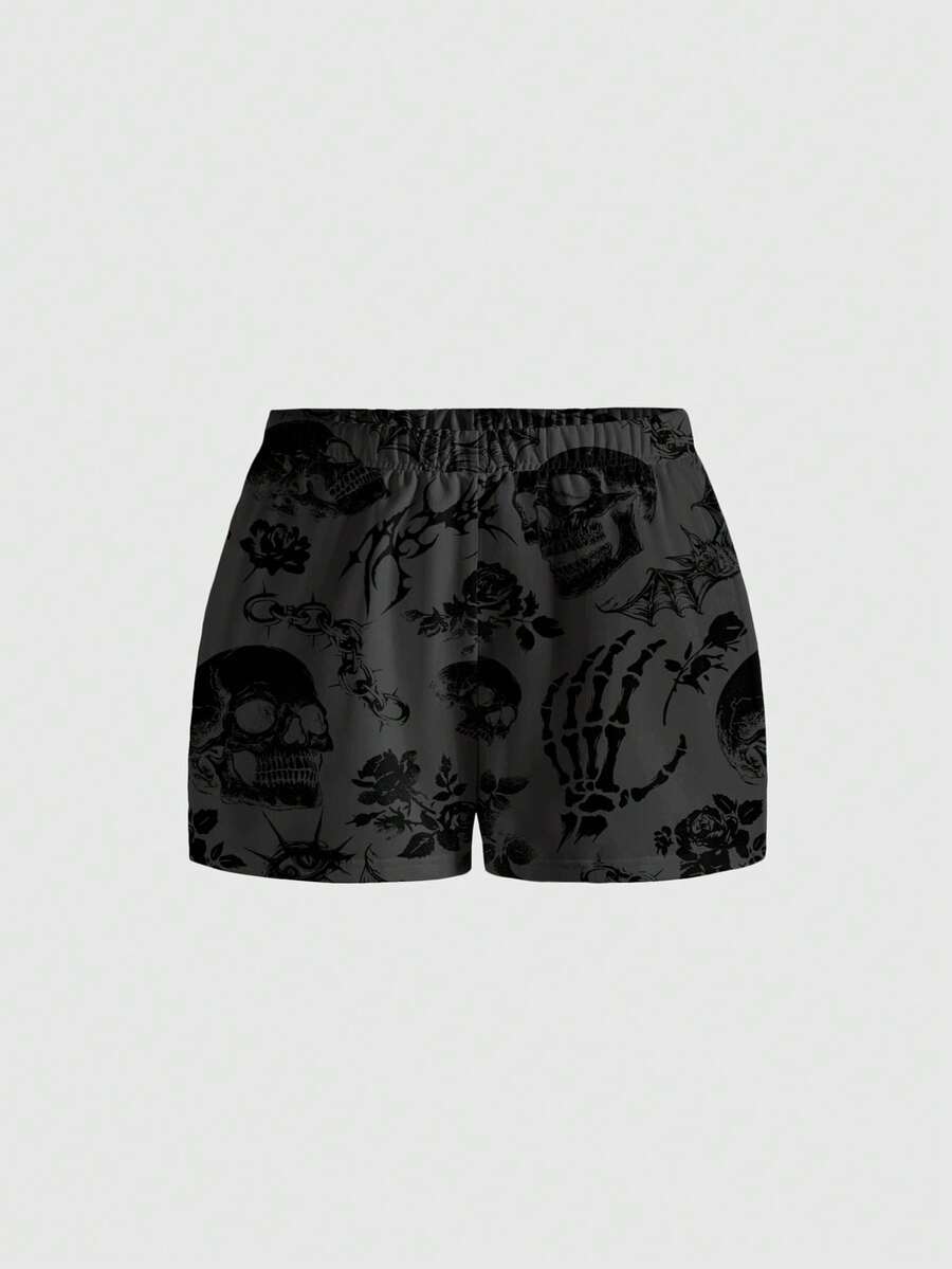 ROMWE Plus Size Women Gothic Skull Hand Floral Plant Thorn Rose Loose Black Shorts - Black - View 1