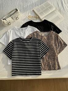 Comfortcana 4pcs/Set Plus Size Casual Solid Leopard Striped T-Shirts Spring/Summer Gym Brown - Multicolor - View 3
