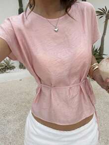 DAZY Women's Solid Color Round Neck Casual Versatile Daily Wear Shirt Summer - Pink - View 4