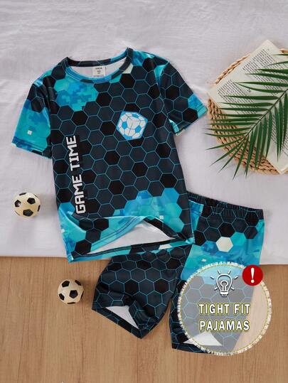 Boys' Snug Fit Round Neck Short Sleeve Shorts, Green Digital Plaid Print, Made Of Comfortable Stretchy Fabric, Casual Wear For Boys In Spring And Summer