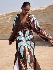 SHEIN Maija 女士热带植物印花长袖连衣裙，度假风 - 彩色 - 查看 8