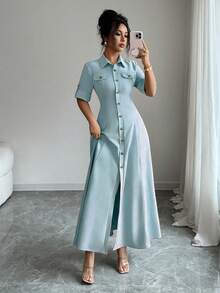 Elenzga 女士纯色卷边袖短袖单排扣休闲衬衫裙 - 藍色 - 查看 7