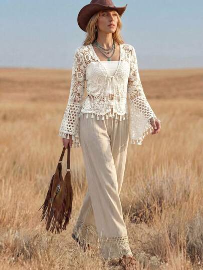 Wildy 休闲美式西部乡村复古镂空音乐节流苏拼接女式春夏基础款上衣，适合日常、通勤、喇叭袖针织衫