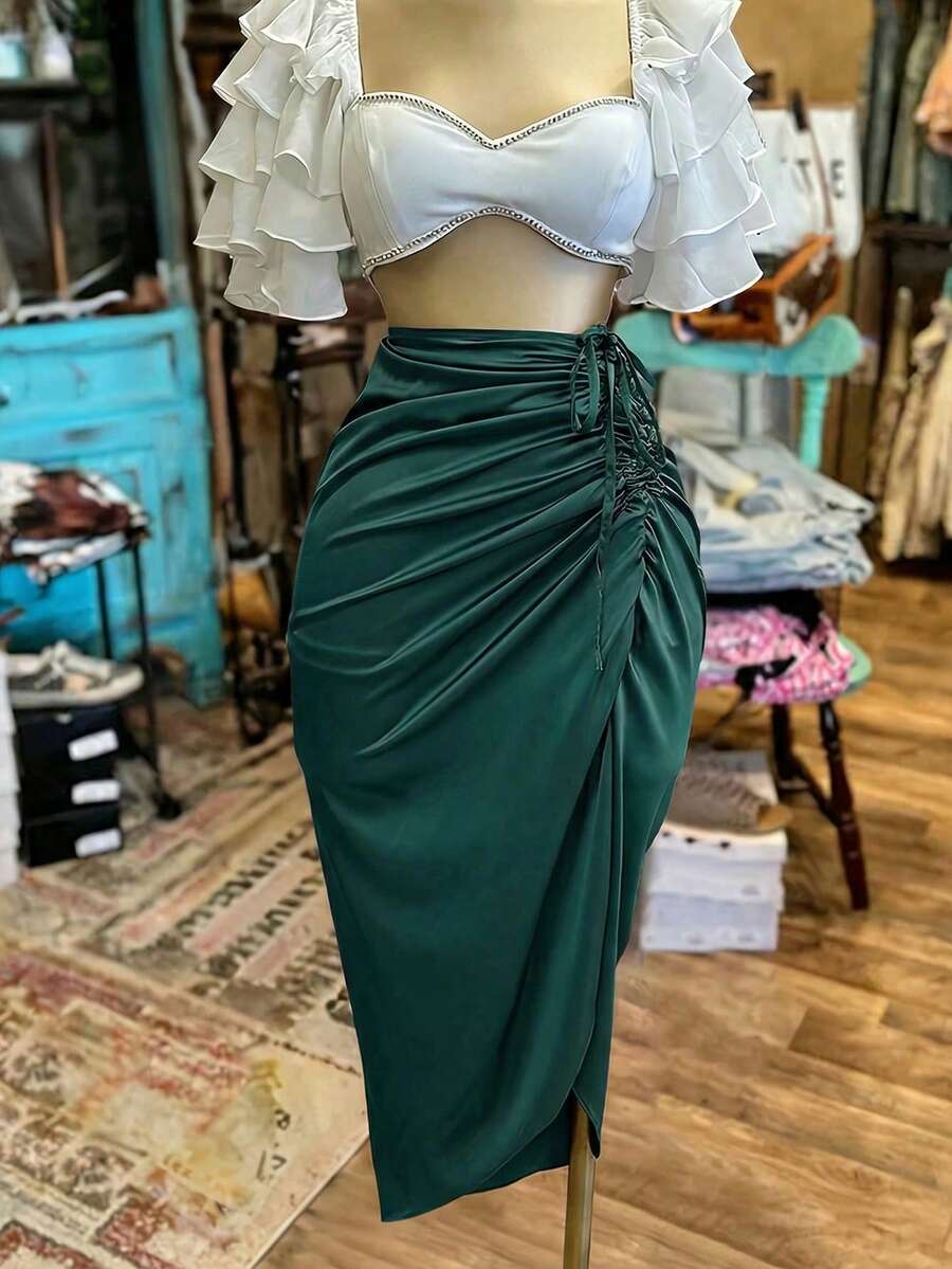 EMERY ROSE Women's Fashion Solid Color Drawstring Tie Long Skirt - Dark Green - View 1