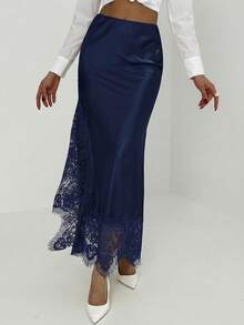 Aloruh Women's Lace Patchwork Casual Versatile Date Night Skirt - Blue - View 4