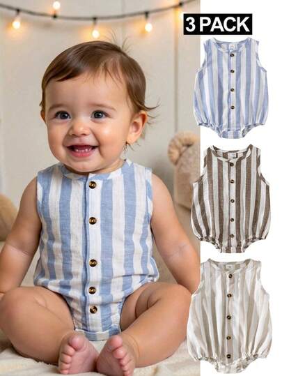 SHEIN Bộ 3 món áo liền quần cho bé trai mùa hè, màu xanh dương, màu mơ, màu nâu kẻ sọc, cài cúc phía trước, kiểu dáng thường ngày, phù hợp cho các hoạt động ngoài trời, đi học, nghỉ hè, thể thao, tiệc tùng.