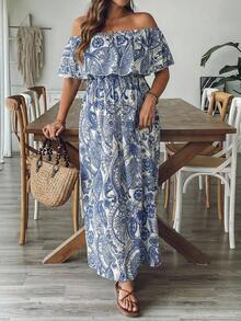 SHEIN LUNE Gaun Maxi A-Line Ruffle Bahu Terbuka Wanita Ukuran Plus, Putih, Musim Panas, Boho, Pesta Lajang, Pesta Teh, Liburan Motif Biru Belahan Samping Liburan Tropis - MultiWarna - View 6