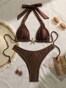 Swim Chiccia Women Brown Plain Straps Bikini Set With Lace Up Details Short Length - Brown - View 3