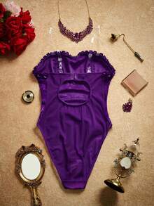 PinupPomp Crimson Jacquard Heart Bandeau Jumpsuit, Velvet Ruffle Craftsmanship - Purple - View 8