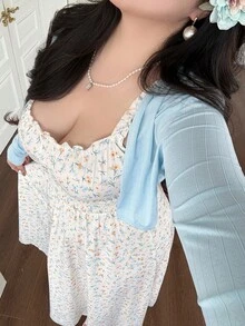 Vibekara 两件套：可爱罗纹短款外套搭配碎花迷你连衣裙 - 淺藍色 - 查看 6
